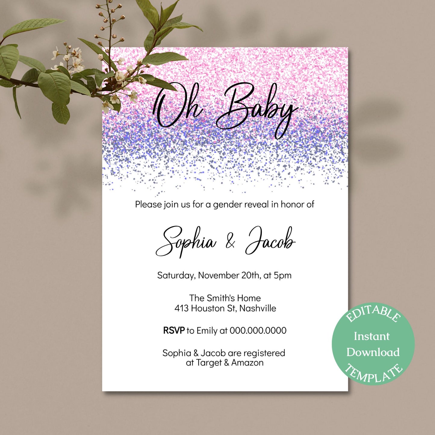 Gender Reveal Invitation Template, Pink Blue Oh Baby Invite, He or She Gender Reveal, Editable Digital Download