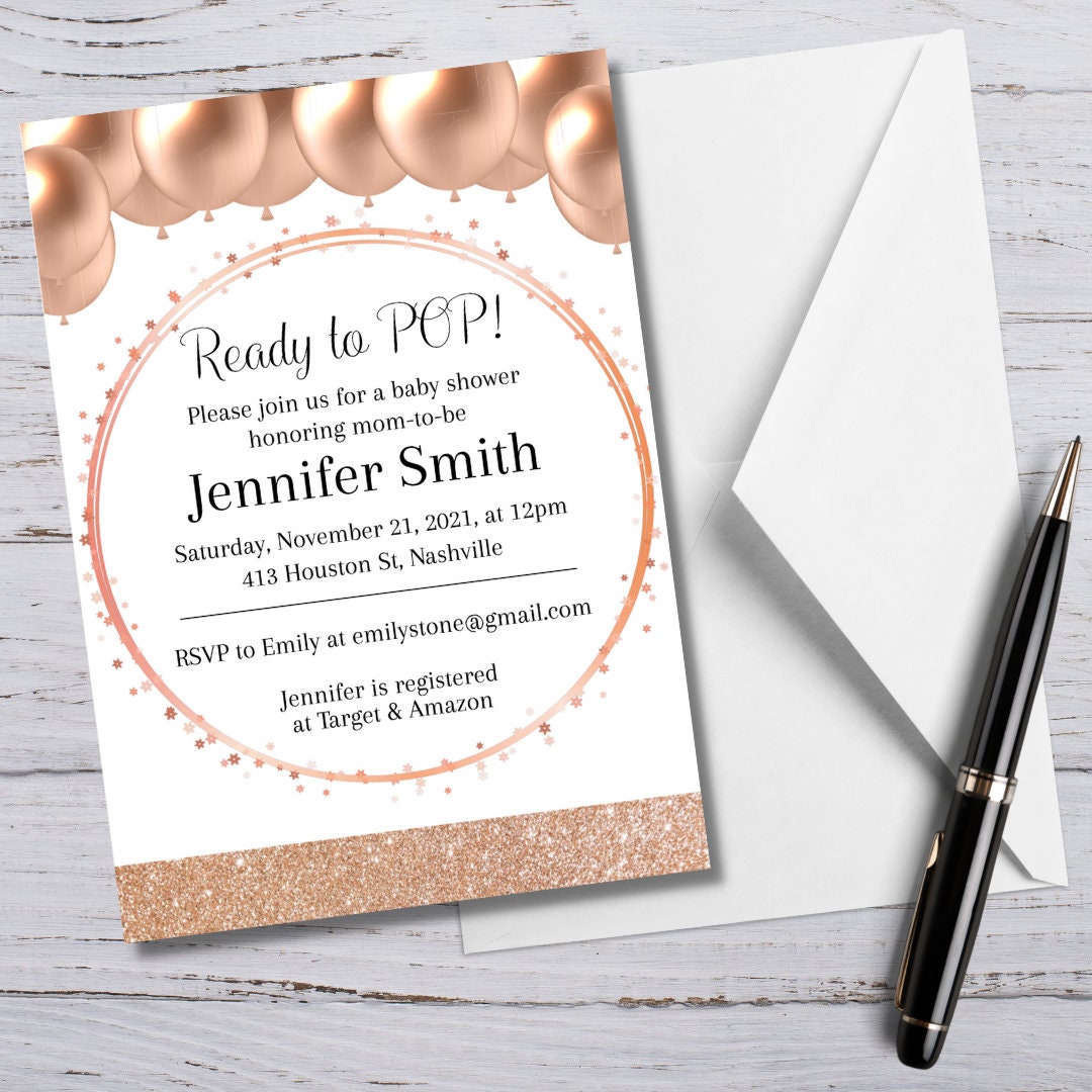 Blush Balloons Baby Shower Invitation Template, Rose Gold Luxury Girl Baby Shower, Ready to Pop, Editable Download