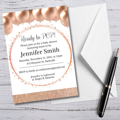 Blush Balloons Baby Shower Invitation Template, Rose Gold Luxury Girl Baby Shower, Ready to Pop, Editable Download