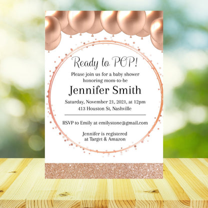 Blush Balloons Baby Shower Invitation Template, Rose Gold Luxury Girl Baby Shower, Ready to Pop, Editable Download