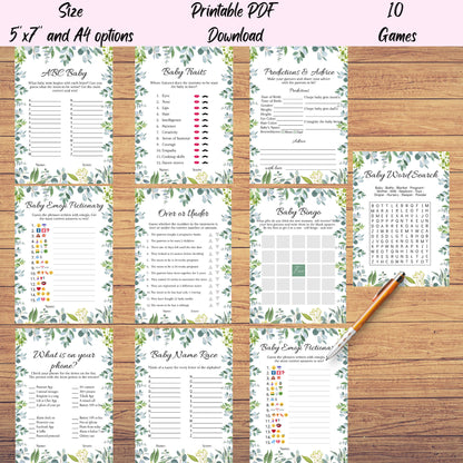 10 Greenery Baby Shower Games, Eucalyptus Baby Shower Game Bundle PDF, Fun Baby Shower Games, Digital Instant Download