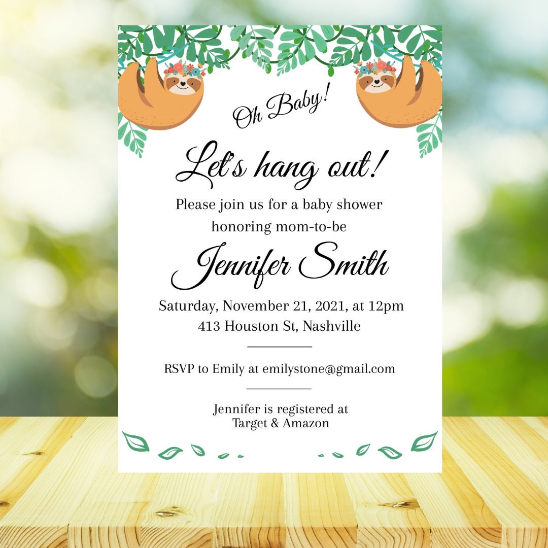 Cute Sloth Baby Shower Invitation Template, Fun Gender Neutral Baby Shower Invitation, Editable Download Template