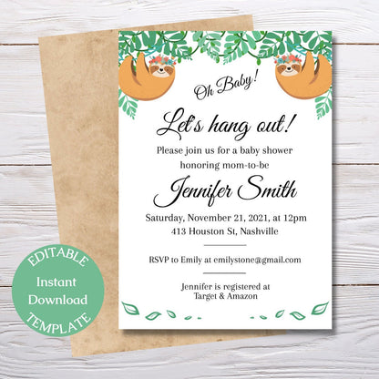 Cute Sloth Baby Shower Invitation Template, Fun Gender Neutral Baby Shower Invitation, Editable Download Template