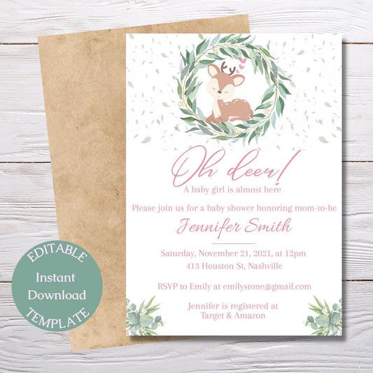 Deer Baby Shower Invitation Template, Greenery Wreath, Pink Baby Deer Girl Theme, Editable Download