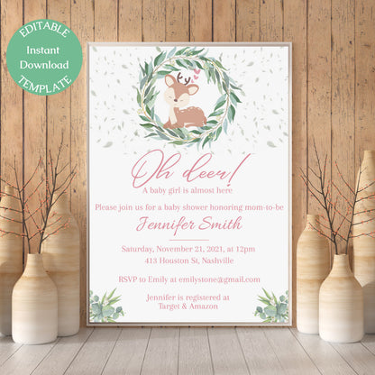 Deer Baby Shower Invitation Template, Greenery Wreath, Pink Baby Deer Girl Theme, Editable Download