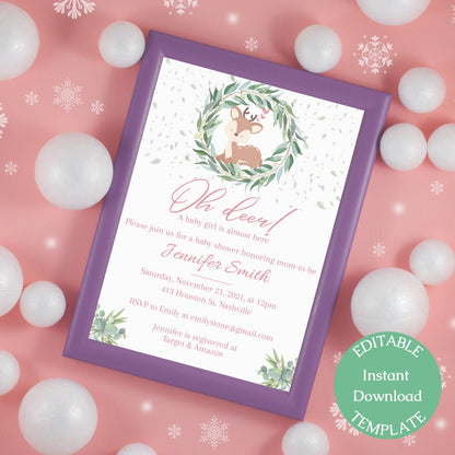 Deer Baby Shower Invitation Template, Greenery Wreath, Pink Baby Deer Girl Theme, Editable Download