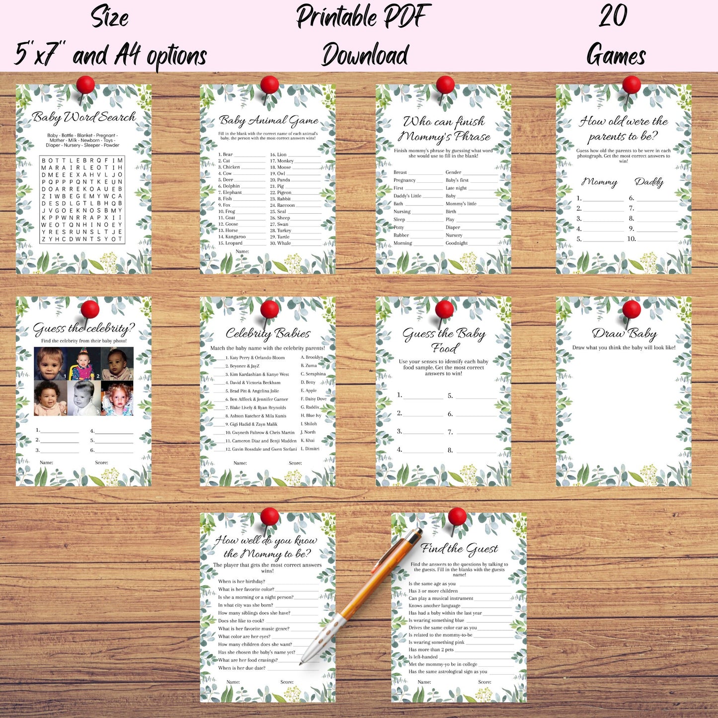 20 Baby Shower Games, Greenery Eucalyptus Baby Shower Game Bundle PDF, Fun Baby Shower Games, Digital Instant Download