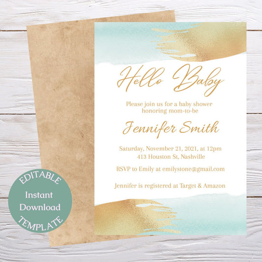 Minimal Baby Shower Invitation Template, Blue Gold Boy Baby Shower Invitation, Printable Template, Elegant Invite