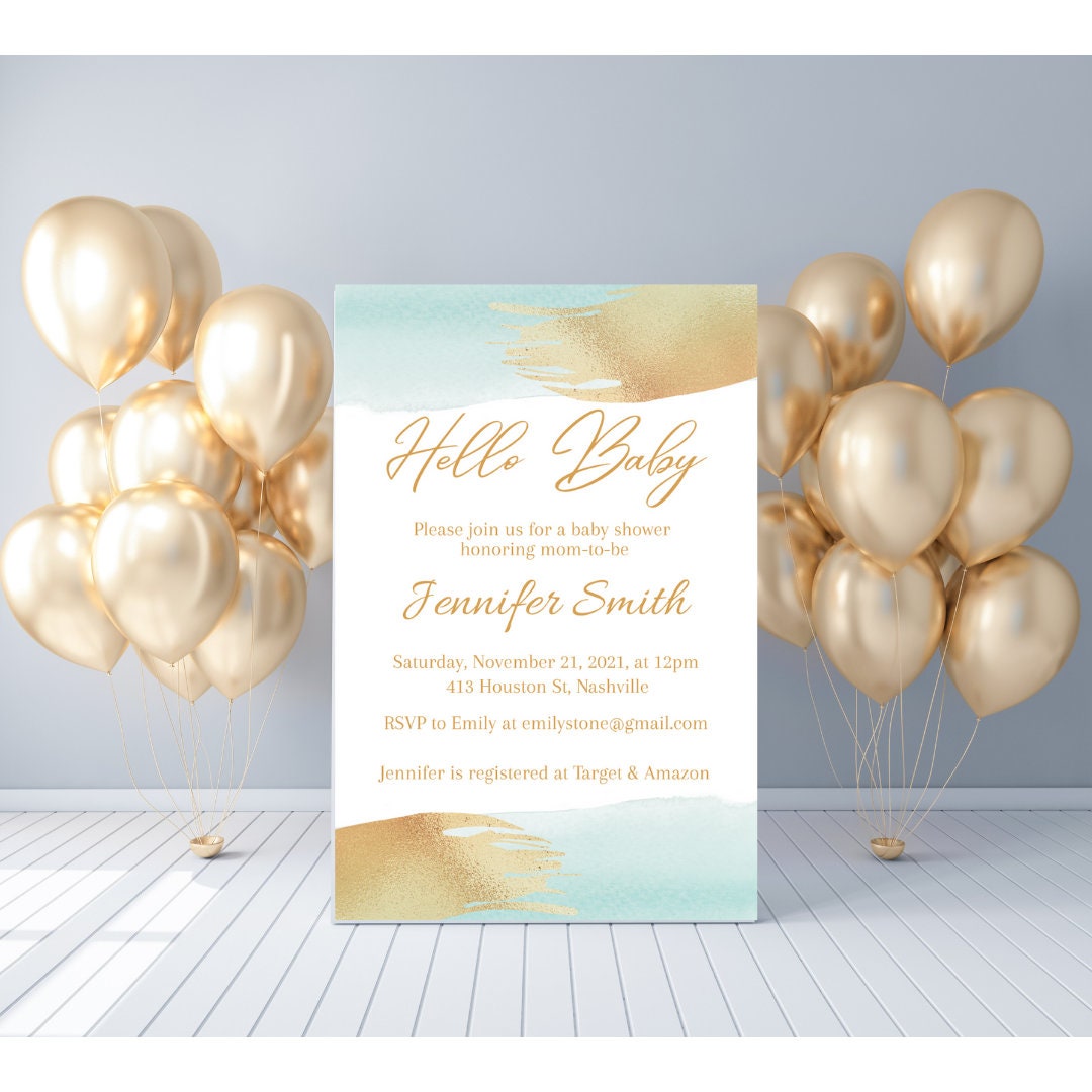 Minimal Baby Shower Invitation Template, Blue Gold Boy Baby Shower Invitation, Printable Template, Elegant Invite