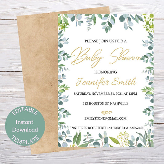 Minimal Greenery Baby Shower Invitation Template, Luxury Watercolor Green Gold, Gender Neutral Invite, Editable Download