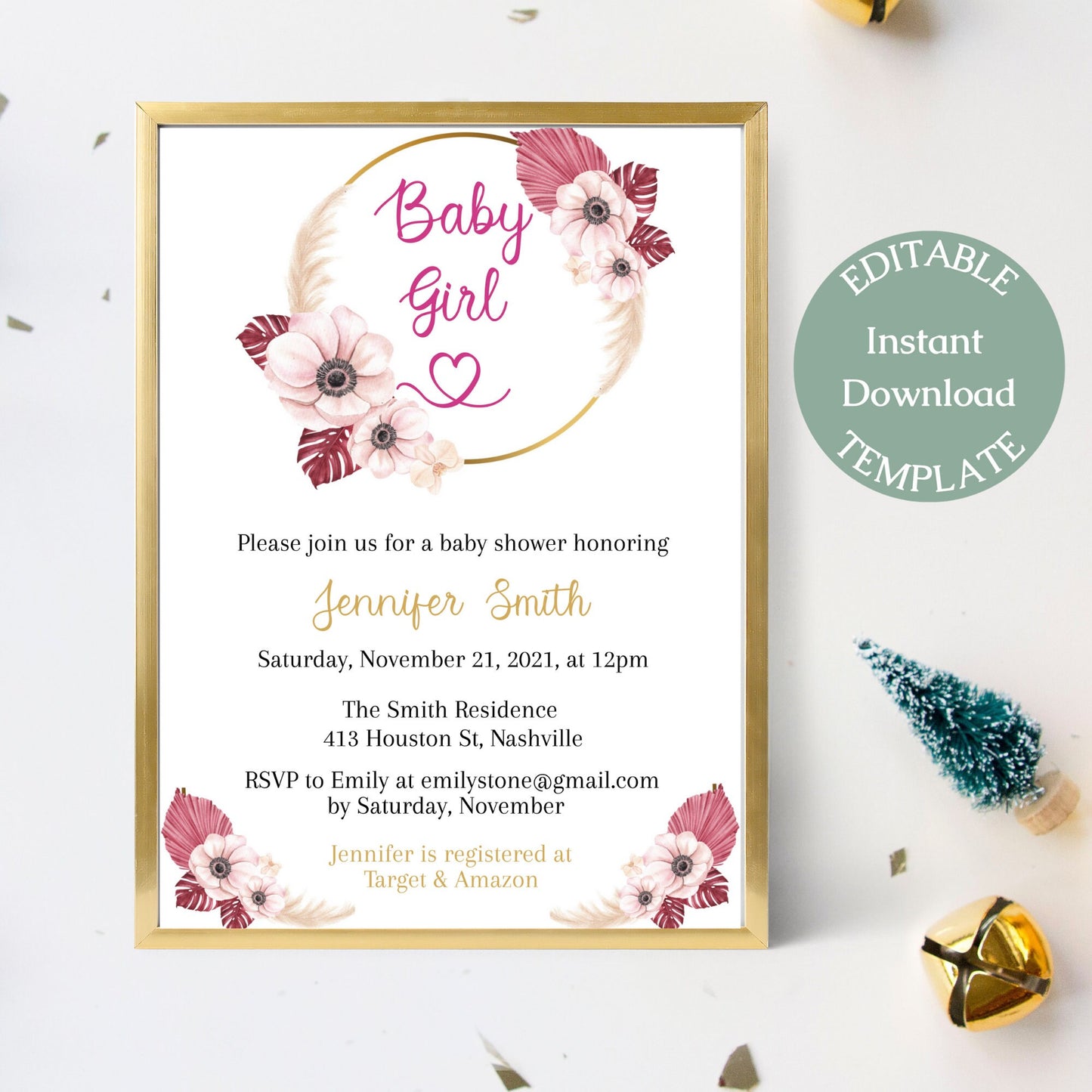 Boho Pampas Baby Shower Invitation Template, Bohemian Baby shower Girl Invite, Elegant Magenta, Editable Download