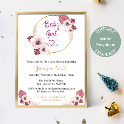 Boho Pampas Baby Shower Invitation Template, Bohemian Baby shower Girl Invite, Elegant Magenta, Editable Download