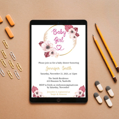 Boho Pampas Baby Shower Invitation Template, Bohemian Baby shower Girl Invite, Elegant Magenta, Editable Download