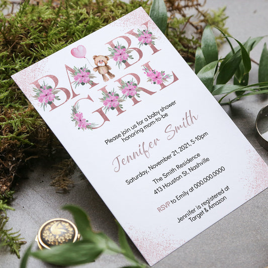 Baby Girl Bear Baby Shower Invitation Template, Rose Gold Letters Baby Shower Invite, Editable Template, Instant Download