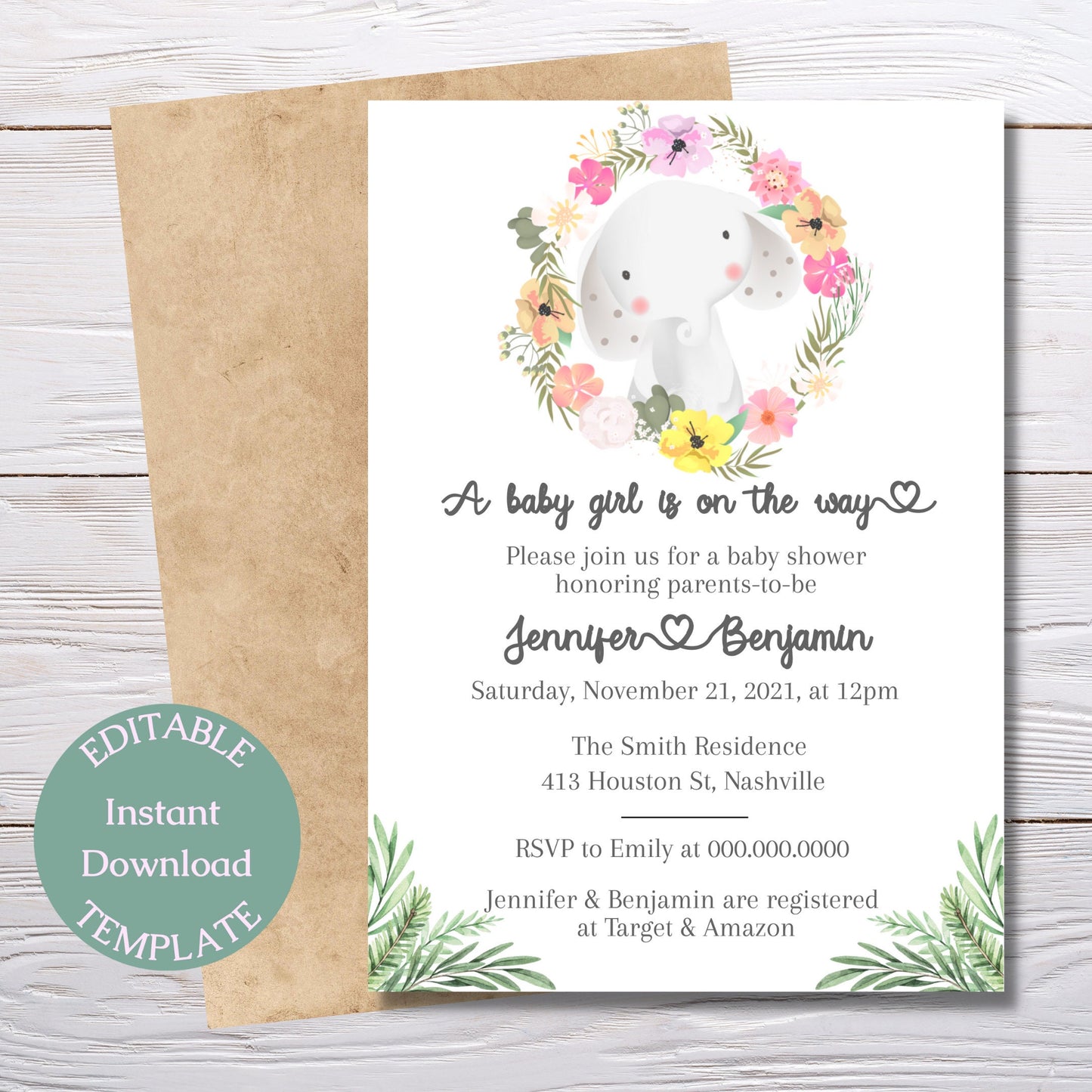 Elephant Baby Shower Invitation Template, Elegant Girl Flower Baby Shower, Editable Template Instant Download