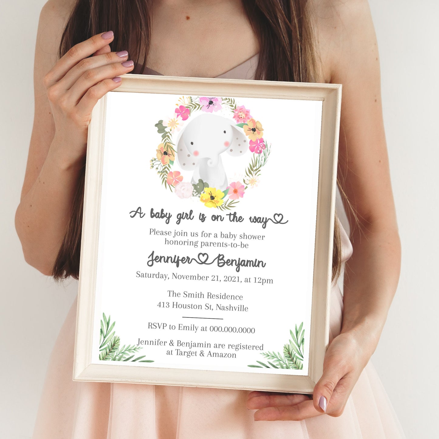 Elephant Baby Shower Invitation Template, Elegant Girl Flower Baby Shower, Editable Template Instant Download