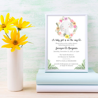 Elephant Baby Shower Invitation Template, Elegant Girl Flower Baby Shower, Editable Template Instant Download