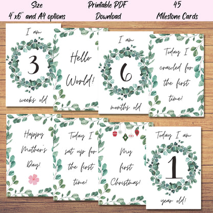 Greenery Baby Milestone Cards, Set of 45 Printables, Newborn Baby Photo, Baby Milestones Card Set, Digital Download