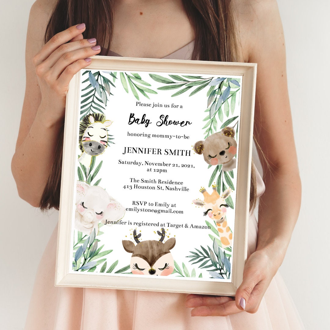 Jungle Baby Shower Invitation Template, Cute Greenery Jungle Animals Baby Shower, Editable Template, Instant Download