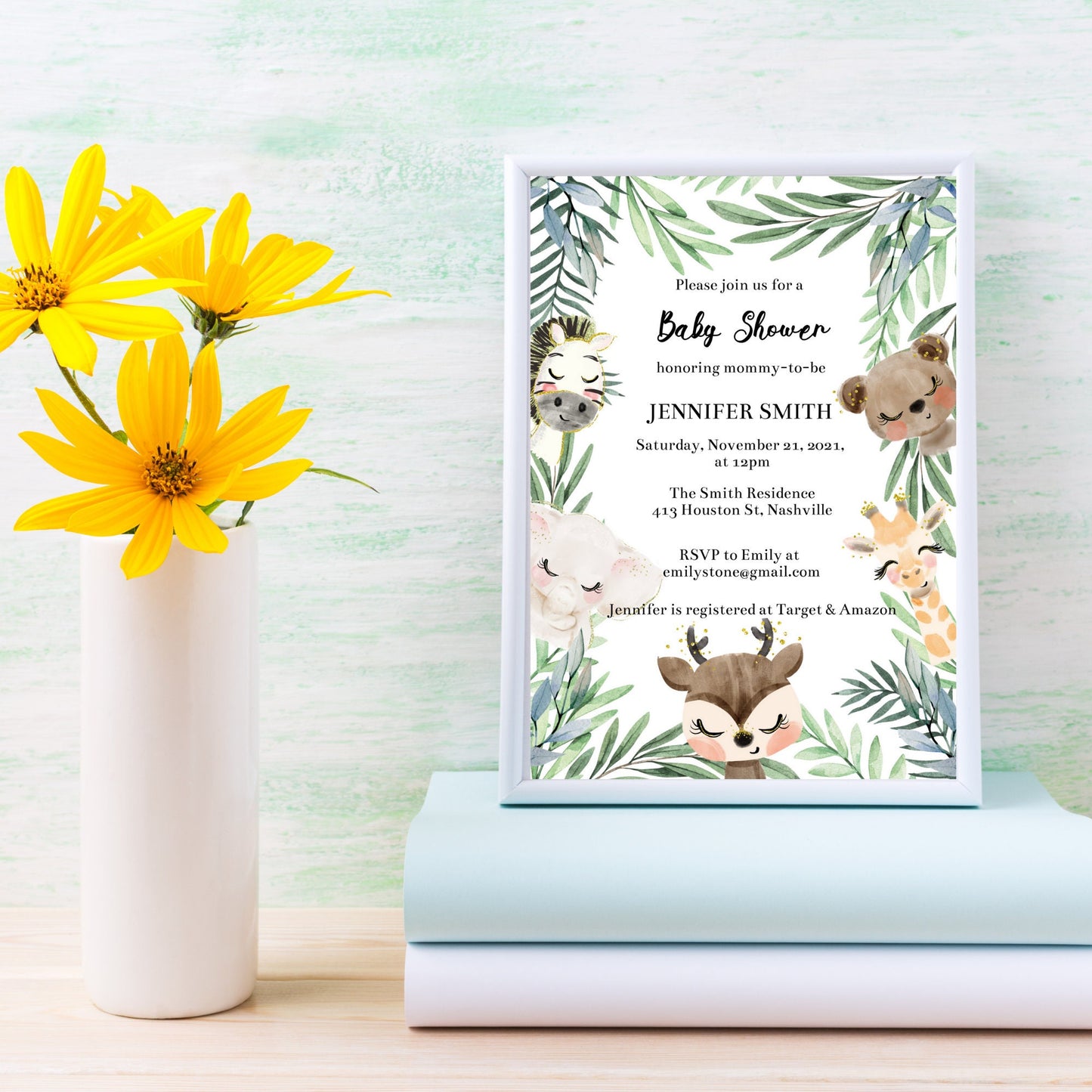 Jungle Baby Shower Invitation Template, Cute Greenery Jungle Animals Baby Shower, Editable Template, Instant Download