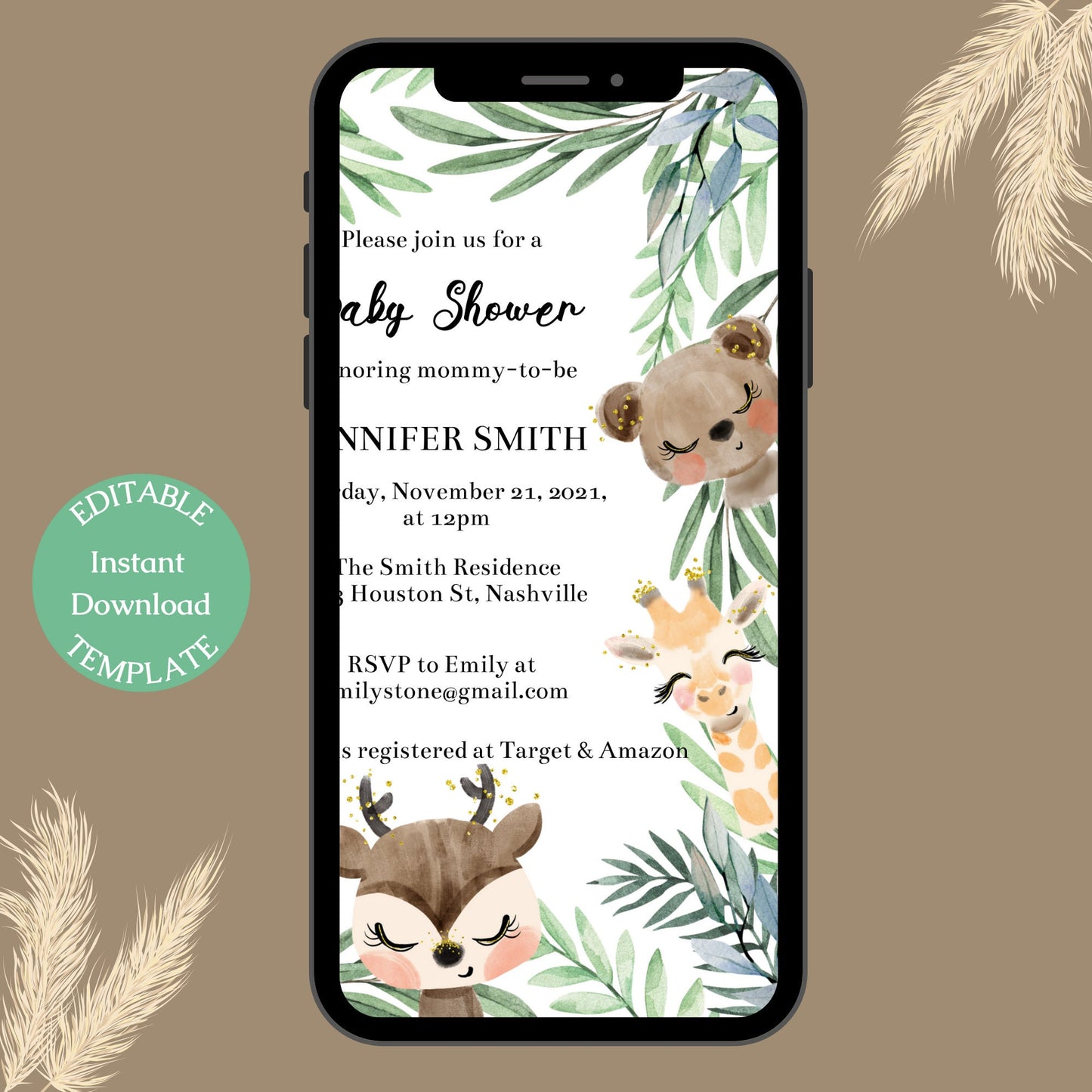 Jungle Baby Shower Invitation Template, Cute Greenery Jungle Animals Baby Shower, Editable Template, Instant Download