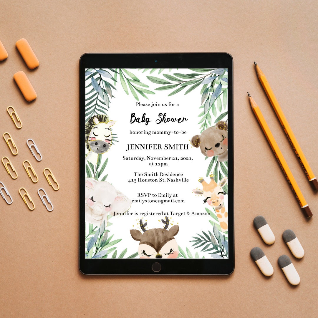 Jungle Baby Shower Invitation Template, Cute Greenery Jungle Animals Baby Shower, Editable Template, Instant Download