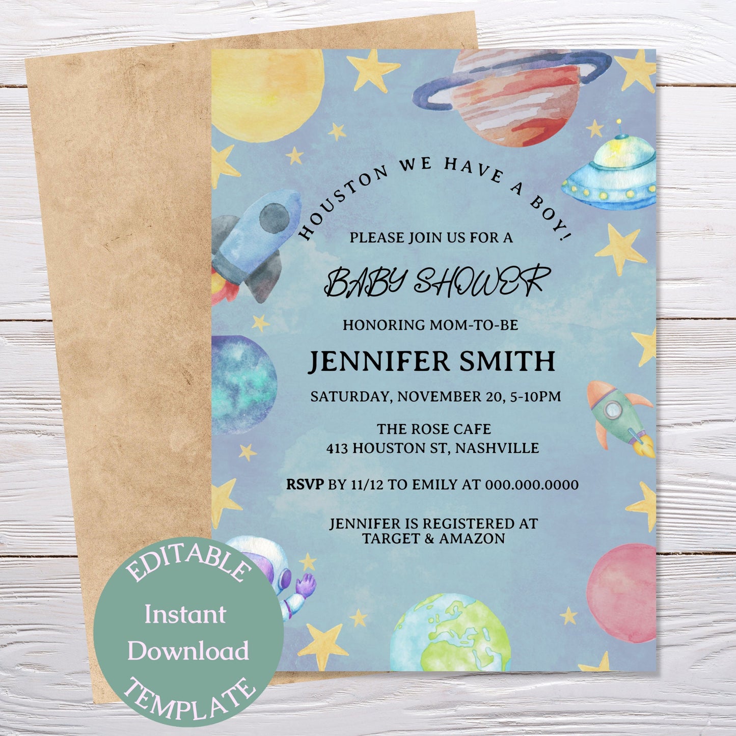 Space Baby Shower Invitation Template, Galaxy Moon Planets Stars Baby Shower Invite, Editable Digital Download