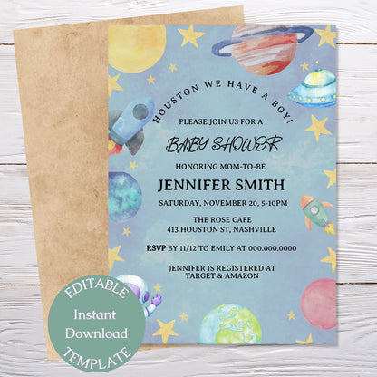 Space Baby Shower Invitation Template, Galaxy Moon Planets Stars Baby Shower Invite, Editable Digital Download