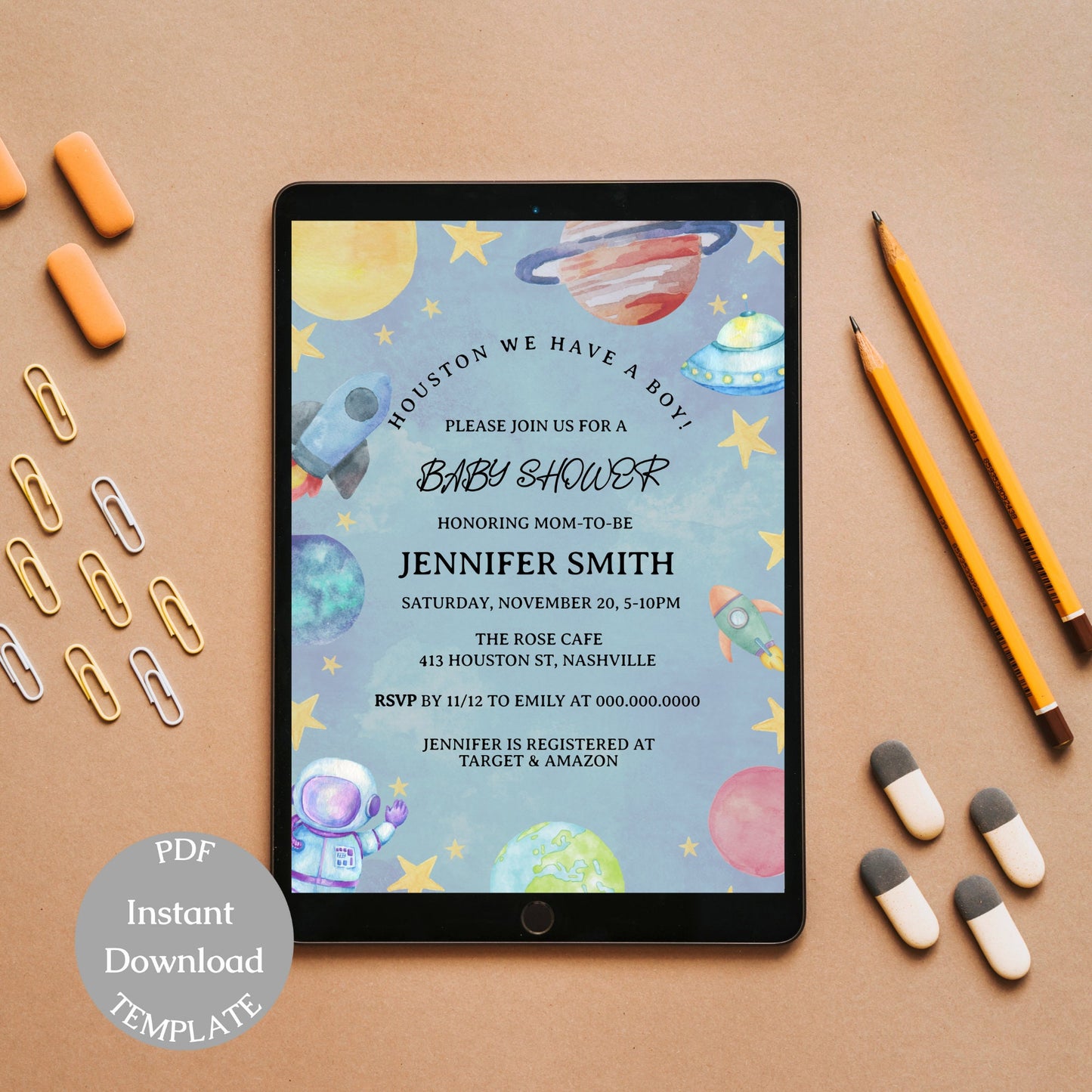 Space Baby Shower Invitation Template, Galaxy Moon Planets Stars Baby Shower Invite, Editable Digital Download