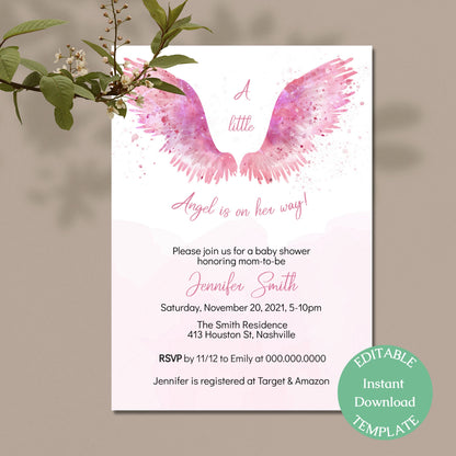 Angel Wings Baby Shower Invitation Template, Pink Wings Baby Shower Girl Invite, Editable Template, Instant Download