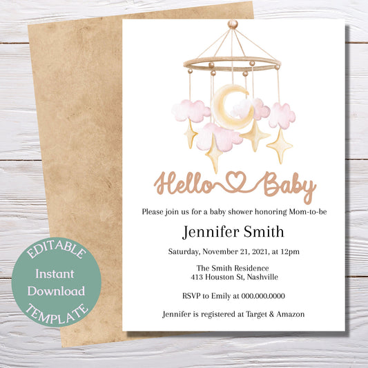 Mobile Baby Shower Invitation Template, Brown Pink Invitation, Girl Baby Shower Invitation, Editable Printable Template