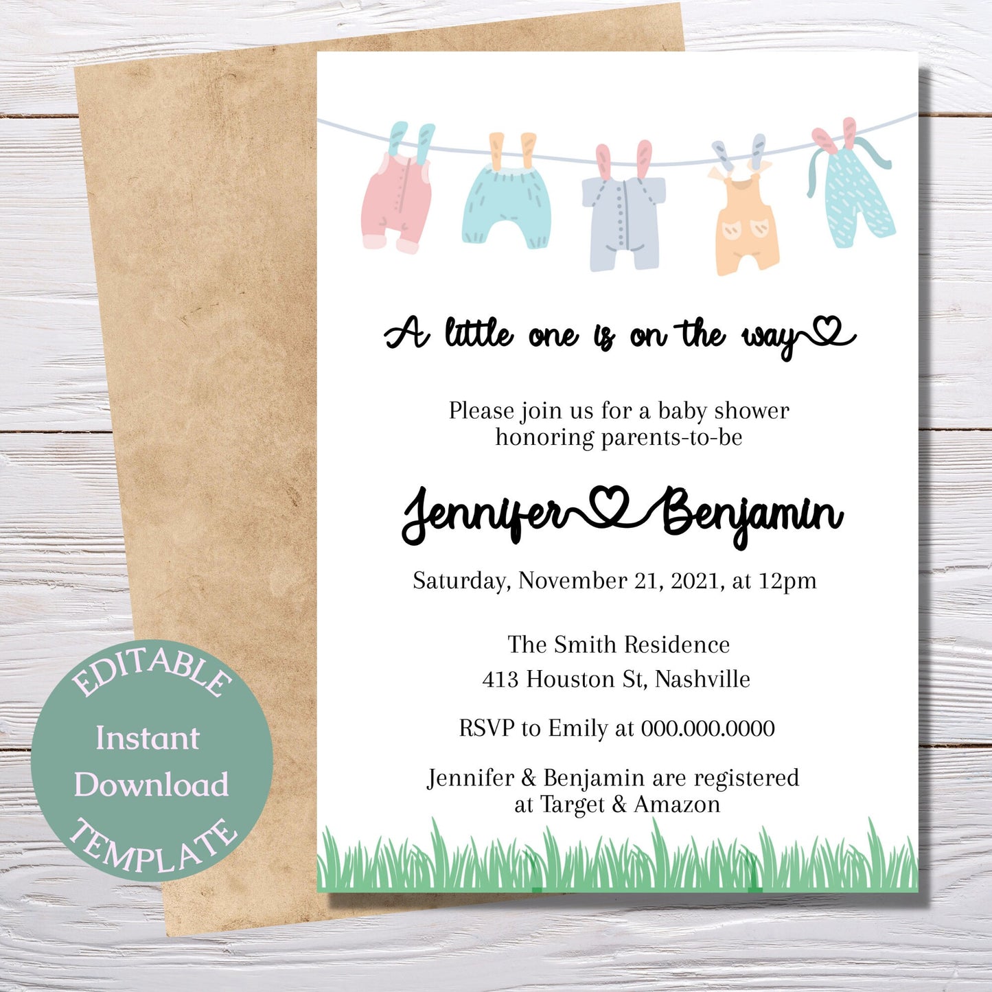 Hanging Laundry Baby Shower Invitation Template, Hanging Clothes, Gender Neutral Baby Shower, Editable Download