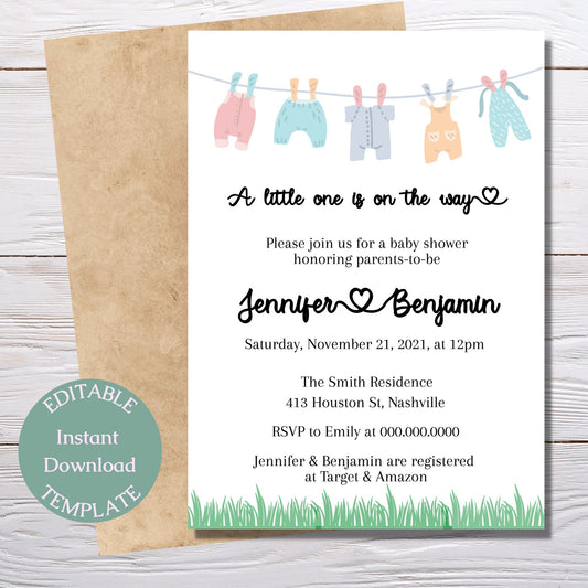 Hanging Laundry Baby Shower Invitation Template, Hanging Clothes, Gender Neutral Baby Shower, Editable Download