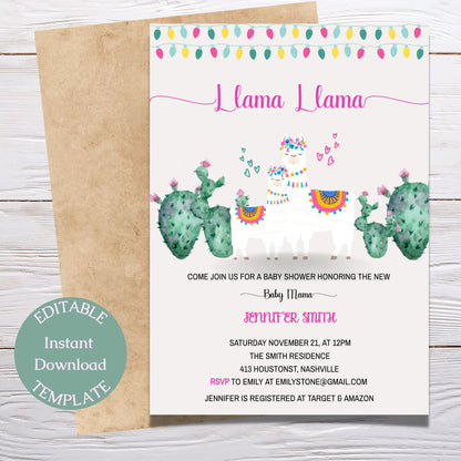 Llama Baby Shower Invitation Template, Llama Fiesta Baby Shower, Girl Shower Invite, Editable Template, Instant Download