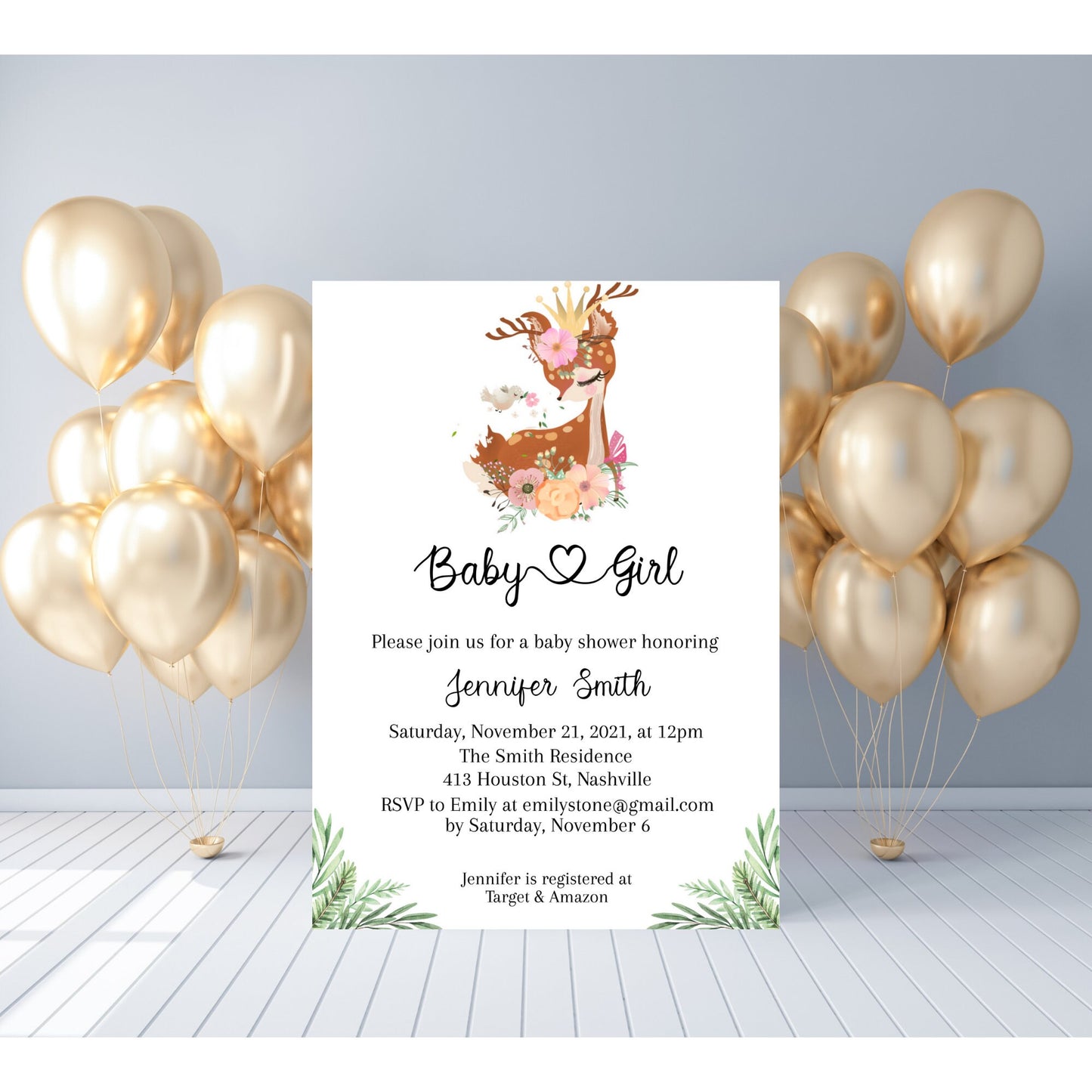 Elegant Deer Baby Shower Invitation Template, Modern Girl Baby Shower Invitation, Editable Template, Instant Download