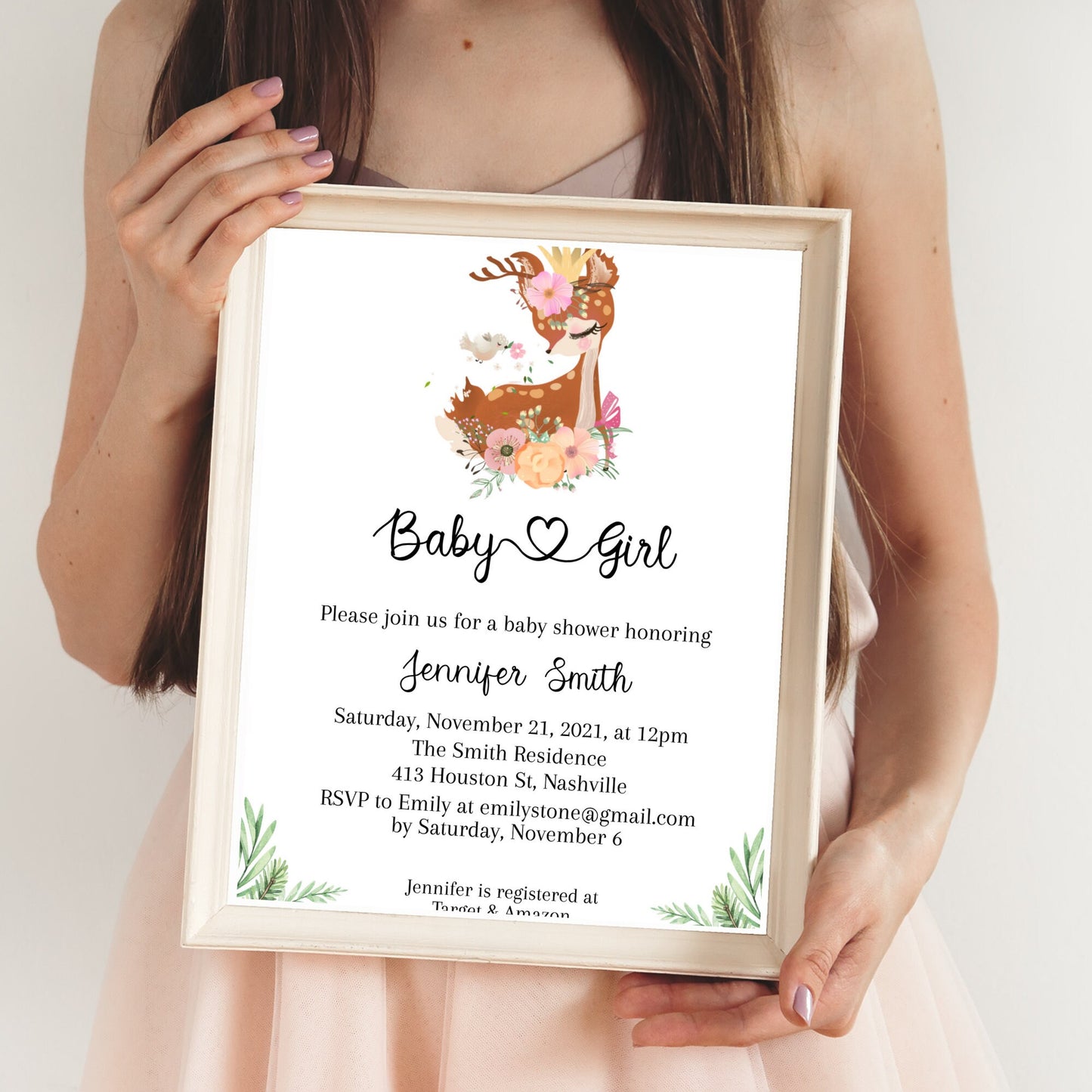 Elegant Deer Baby Shower Invitation Template, Modern Girl Baby Shower Invitation, Editable Template, Instant Download