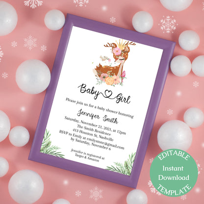 Elegant Deer Baby Shower Invitation Template, Modern Girl Baby Shower Invitation, Editable Template, Instant Download