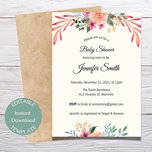 Modern Flower Baby Shower Invitation Template, Elegant Floral Baby Shower Invite, Editable Template, Instant Download