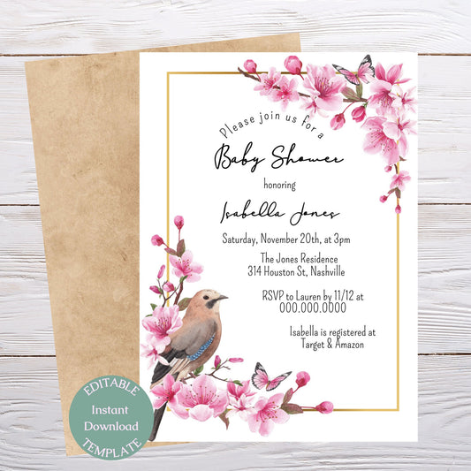 Floral Bird Baby Shower Invitation Template, Modern Girl Flowers Baby Shower Invite, Editable Template, Instant Download