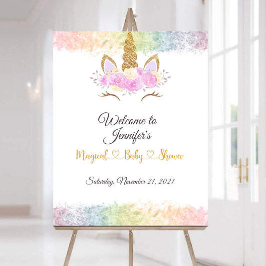 Unicorn Rainbow Baby Shower Welcome Sign Template, Modern Girl Baby Shower Sign, Editable Download