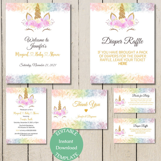 Unicorn Rainbow Baby Shower Invitation Suite, Modern Girl Baby Shower Invitation Sign Bundle, Editable Digital Download