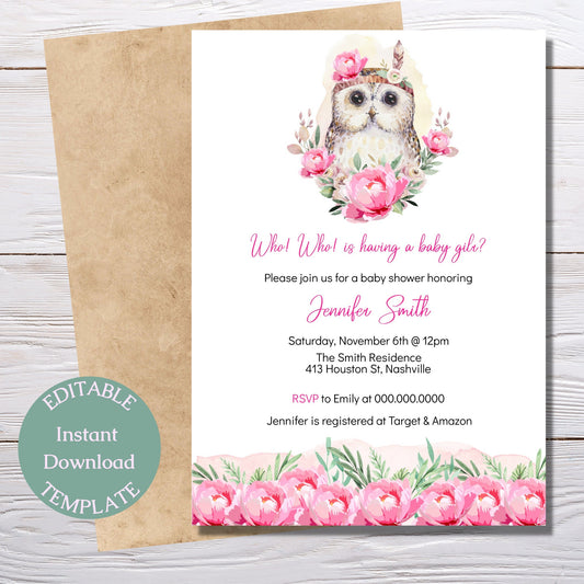 Owl Baby Shower Invitation Template, Modern Girl Baby Shower Theme, Pink Floral Invitation, Editable Instant Download