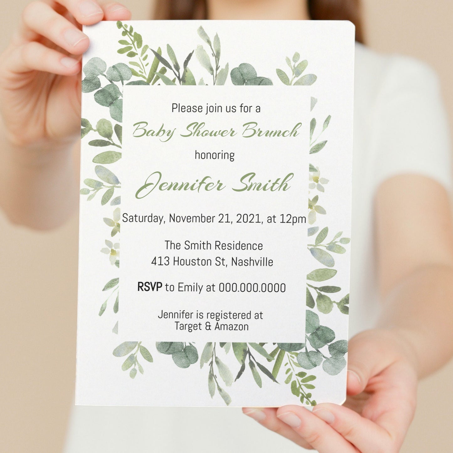 Greenery Baby Shower Invitation Template, Minimal Baby Shower Brunch Invite, Editable Template, Instant Download