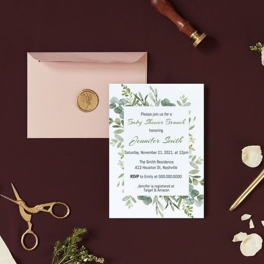 Greenery Baby Shower Invitation Template, Minimal Baby Shower Brunch Invite, Editable Template, Instant Download