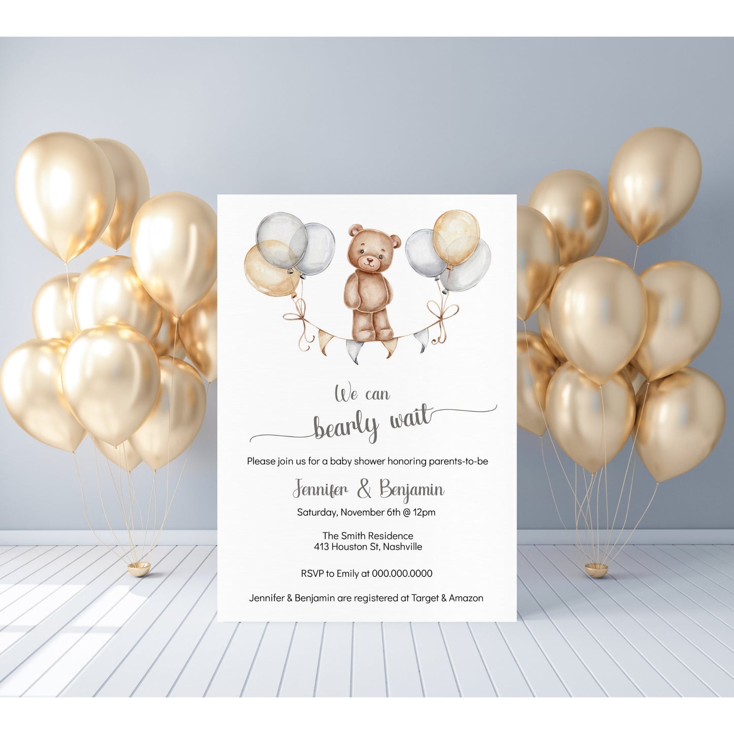 Bear Balloons Baby Shower Invitation Template, We Can Bearly Wait, Gender Neutral Baby Shower Invite, Editable Download