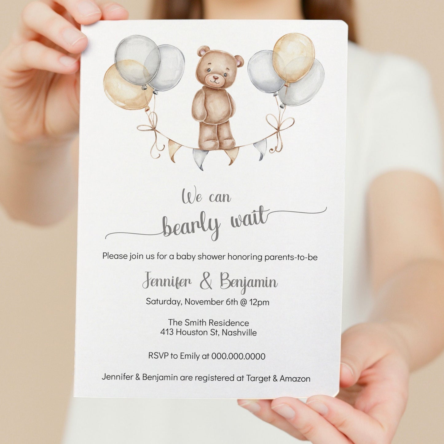 Bear Balloons Baby Shower Invitation Template, We Can Bearly Wait, Gender Neutral Baby Shower Invite, Editable Download