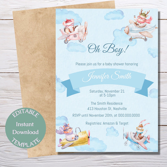 Oh Boy Airplane Baby Shower Invitation Template, Animals Planes Boy Baby Shower Invite, Editable Instant Download