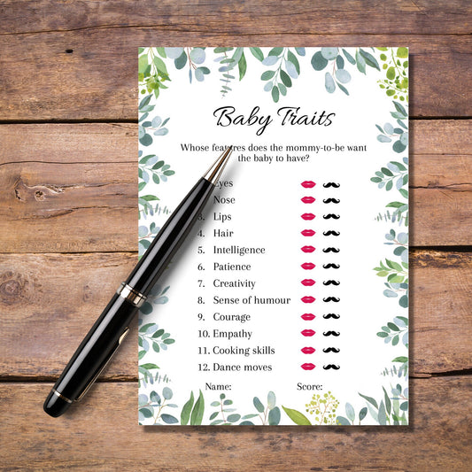 Greenery Baby Shower Games, Baby Traits Game, Fun Baby Shower Games, Printables and Virtual, Instant Download