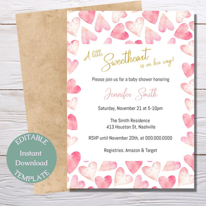 Valentine Baby Shower Invitation, Little Sweetheart Girl Baby Shower, Pink Hearts Invitation, Editable Digital Download