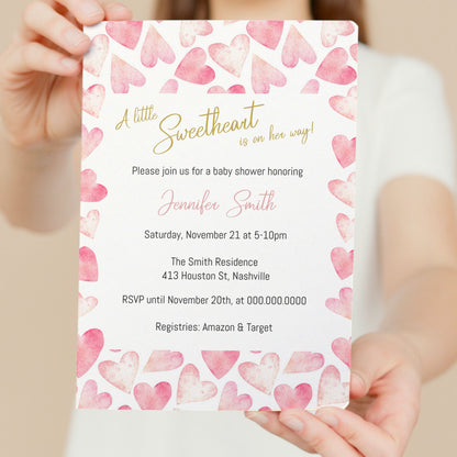 Valentine Baby Shower Invitation, Little Sweetheart Girl Baby Shower, Pink Hearts Invitation, Editable Digital Download